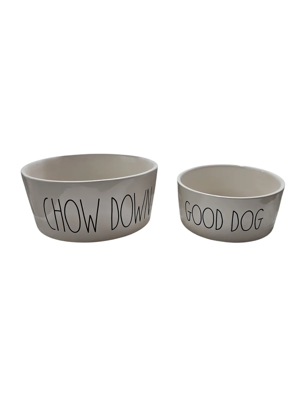 Rae Dunn Ceramic 'Chow Down' & 'Good Dog' Dog Bowls Lot Cream & Black